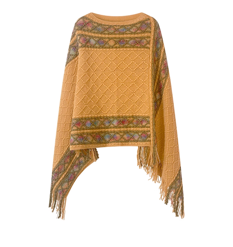 Retro Pullover Rhombus Cape Female Tassel Knitted Sweater Shawl YM375