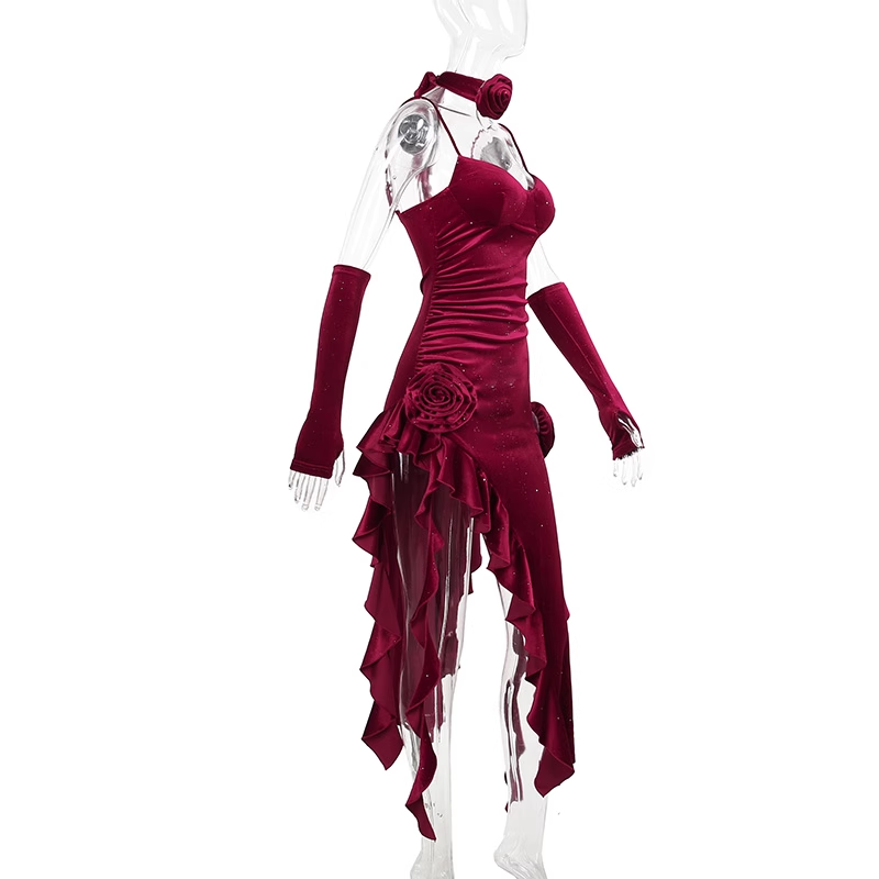 Sexy Spaghetti Straps Red Velvet Ruffle Slit Party Dress Birthday Dress YM2210