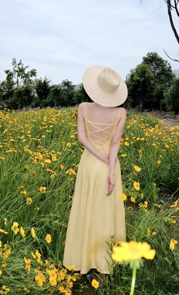 Yellow Backless Suspender Long Vacation Dress Women's Seaside Holiday Dress YM2316