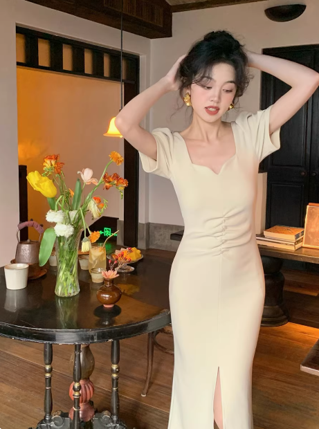 Fashion short sleeves party dress mermaid slit evening dress YM1957