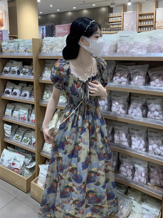 Oil painting girl's floral long dress women's summer YM1456