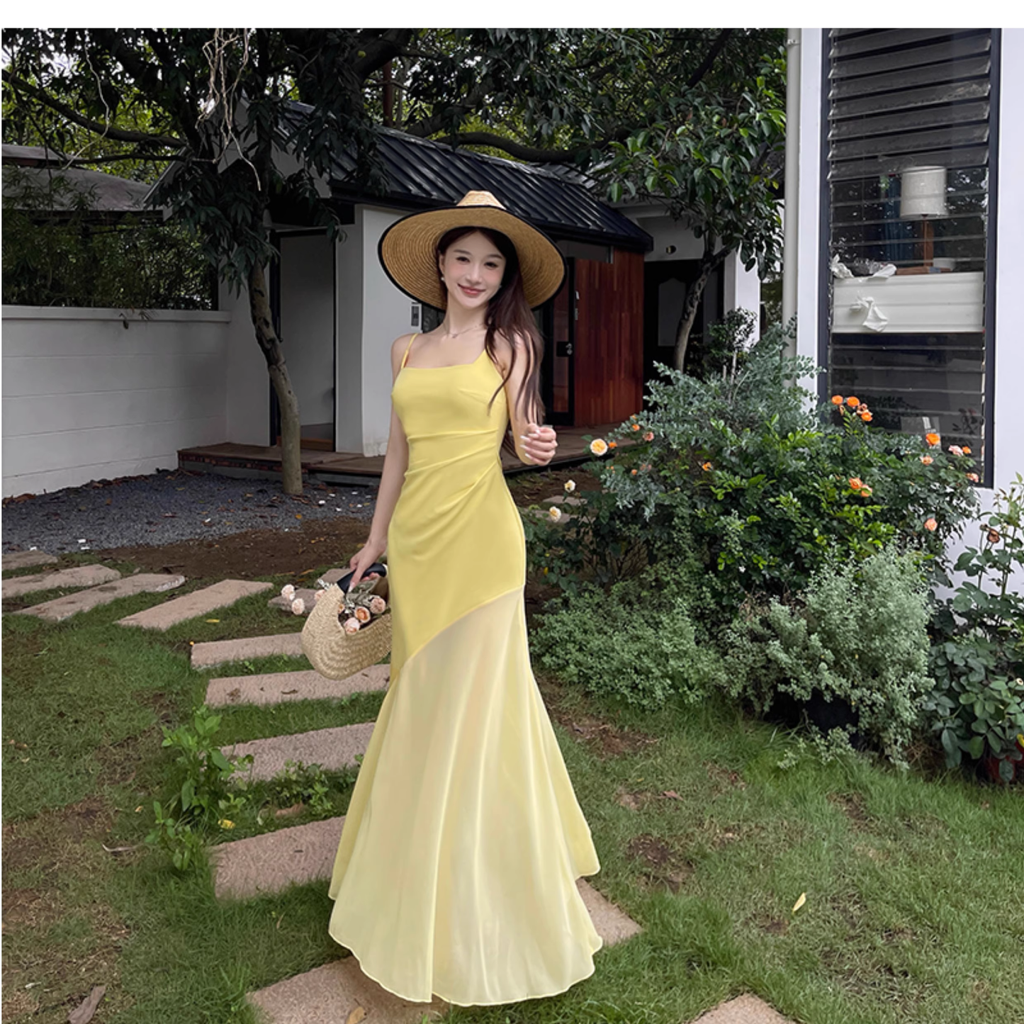 Sweet Spaghetti Straps Yellow Mermaid Long Vacation Dress Seaside Holiday Dress YM2250