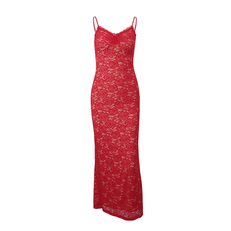 Pretty Straps Red V Neck Lace Vacation Dress Long Party Dress YM2199