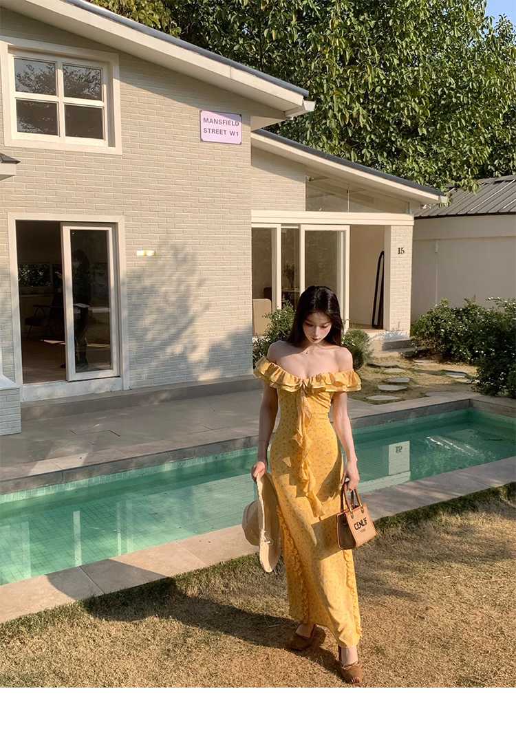 Pretty Off The Shoulder Chiffon Floral Ruffles Party Dress,Yellow Prom Dress YM1987