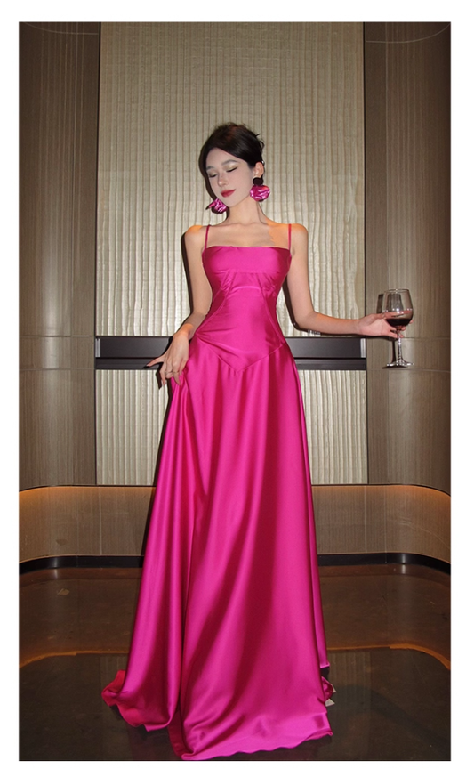 Charming Hot Pink Straps Long Party Dress Birthday Evening Dress YM2175