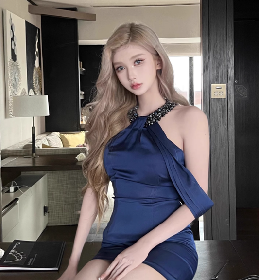 Sexy royal blue halterneck diamond chain backless satin dress YM1912