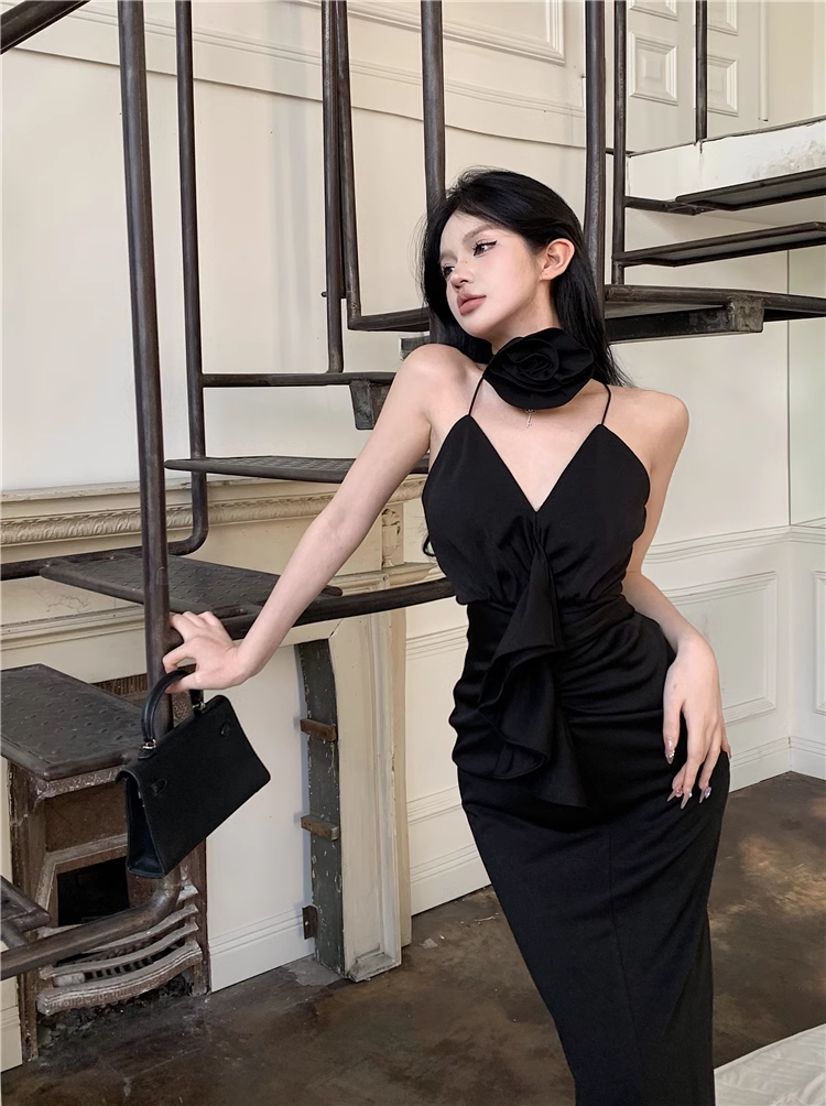 Black V Neck Long Dress YM1516