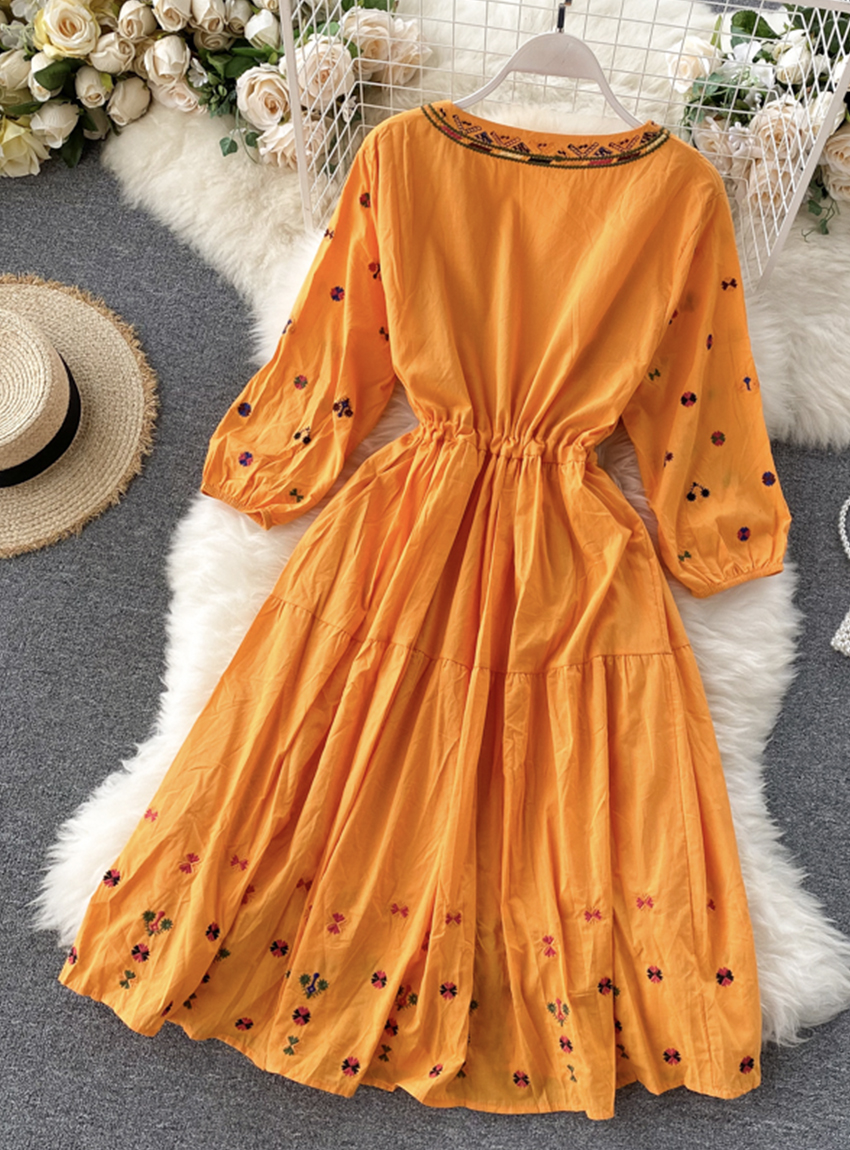 A Line V Neck Embroidery Summer Dress YM442