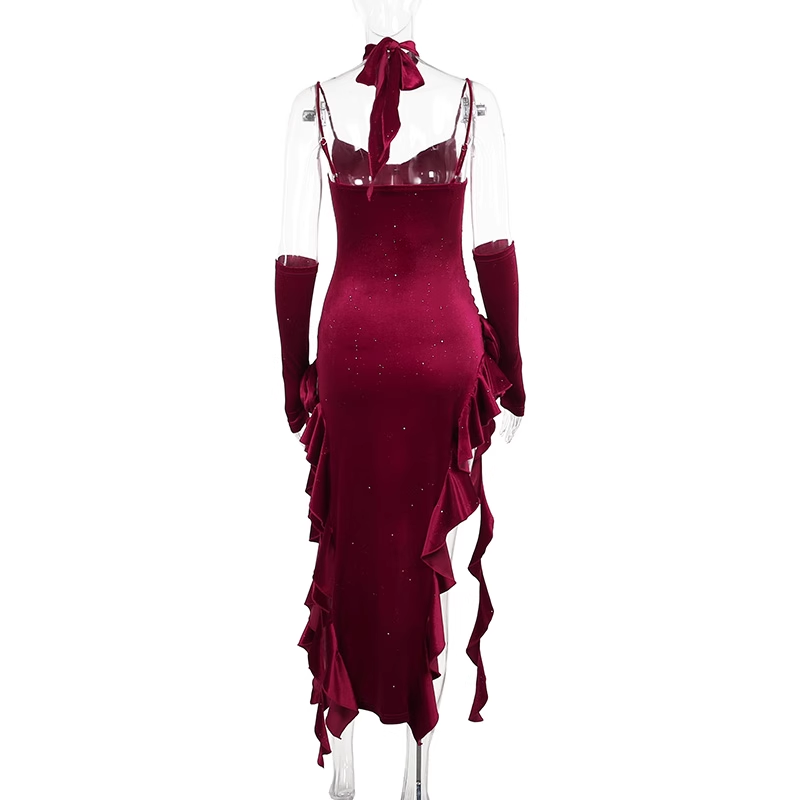 Sexy Spaghetti Straps Red Velvet Ruffle Slit Party Dress Birthday Dress YM2210