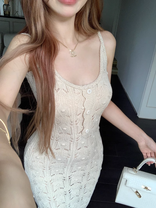 Hollow Knitted Suspender Dress Sexy Slit Long Dress YM1831