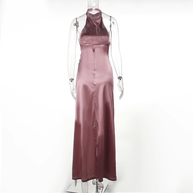 Sexy Black Halter Sleeveless Satin High Slit Long Birthday Party Dress Holiday Dress YM2246