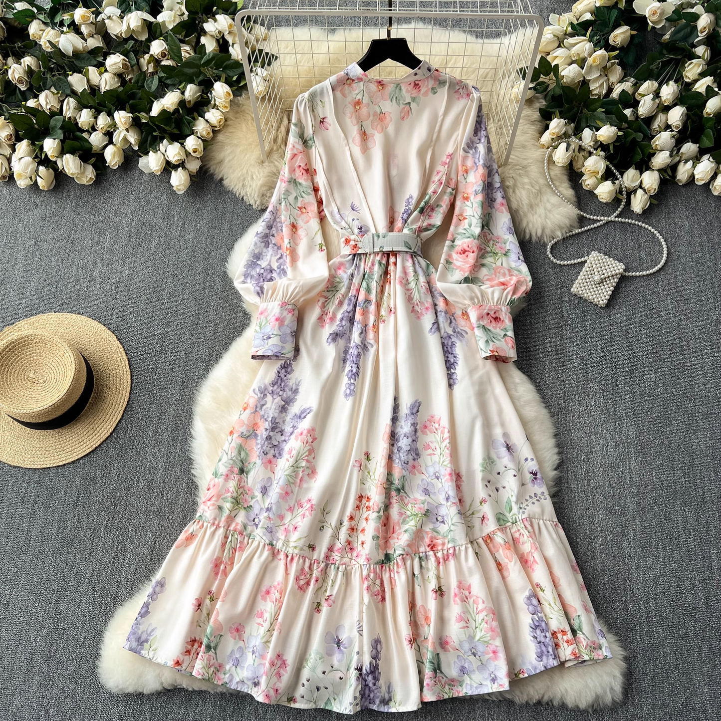 Retro elegant lantern long-sleeved waist printed dress YM1104