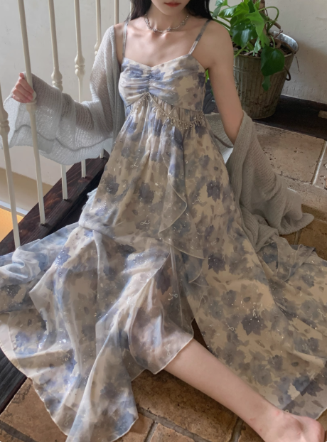 Blue High Waist Ruffled Sequin Print Floral Straps Birthday Party Dress YM2029