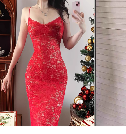 Pretty Straps Red V Neck Lace Vacation Dress Long Party Dress YM2199
