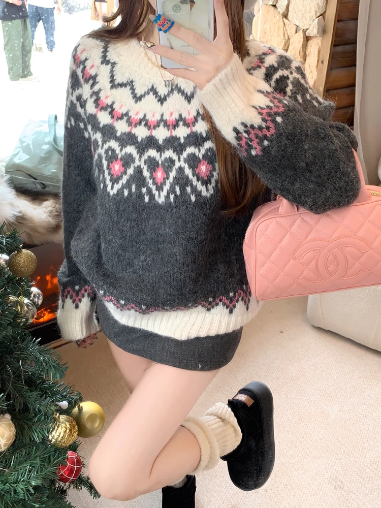 Vintage Red Jacquard Crew Neck Long Sleeves Sweater YM1813