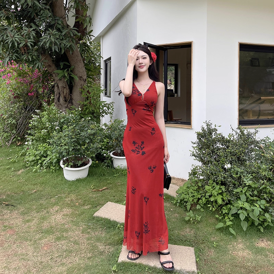 Sexy V Neck Red Print Floral Long Birthday Dress Vacation Dress YM2203