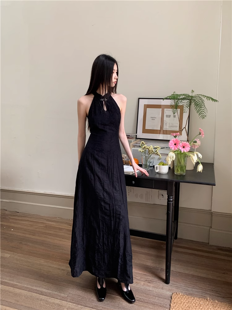 Halter Black Long Party Dress High-End A Line Sleeveless Prom Dress YM1798