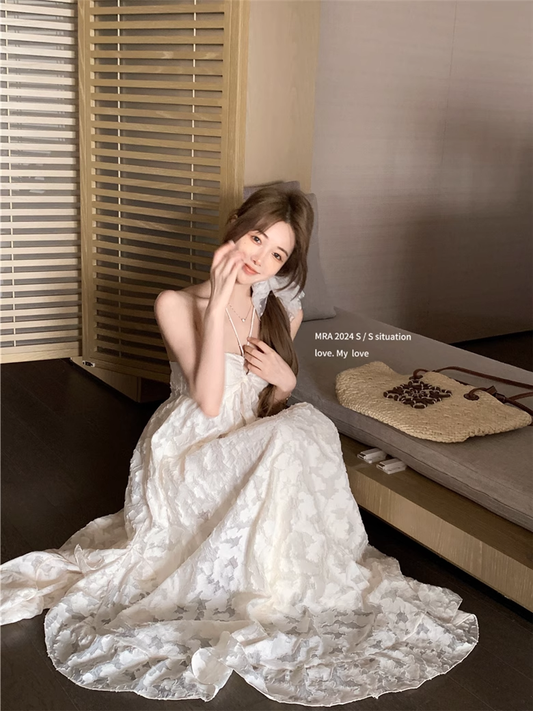 French Style White Halter Neck Dress Seaside Holiday Style Long Backless Dress YM2107