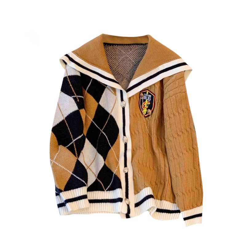 College Style Navy Collar Knitted Cardigan Women's Retro Diamond Pattern Jacket YM2282