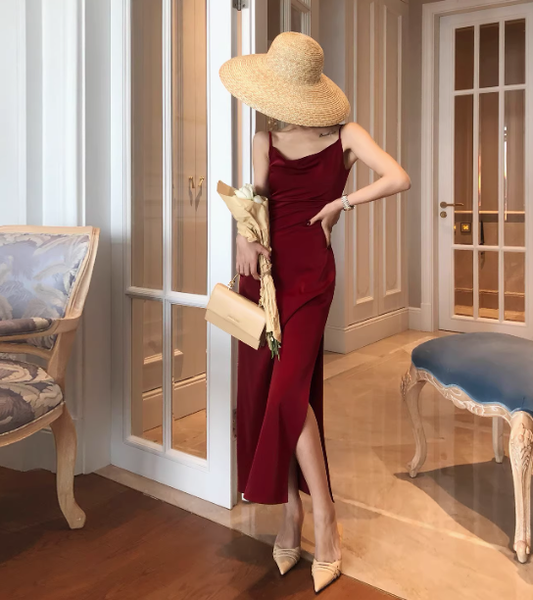 Burgundy sheath sexy spaghetti straps prom dress long party dress YM1952