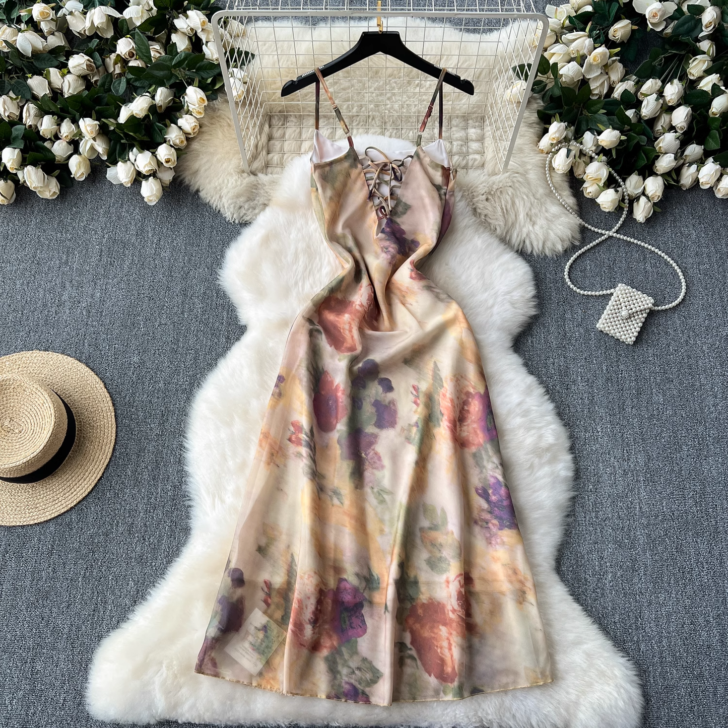 Seaside vacation suspender oil painting print beach dress YM1091