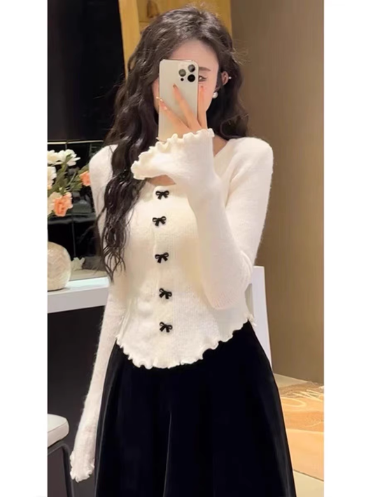 New Style Early Spring Top With Bow Short Hot Girl Chic Knitted Sweater YM1807