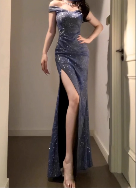 Sparkly Blue Off The Shoulder High Slit Holiday Dress Long Birthday Dress Party Dress YM2247