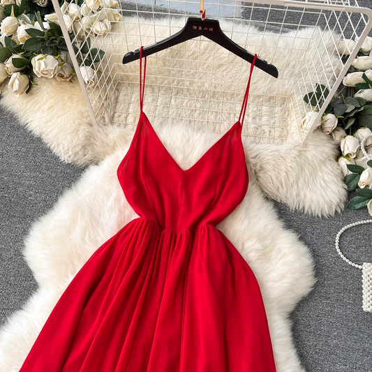 Red V-neck suspender chiffon long dress YM1197