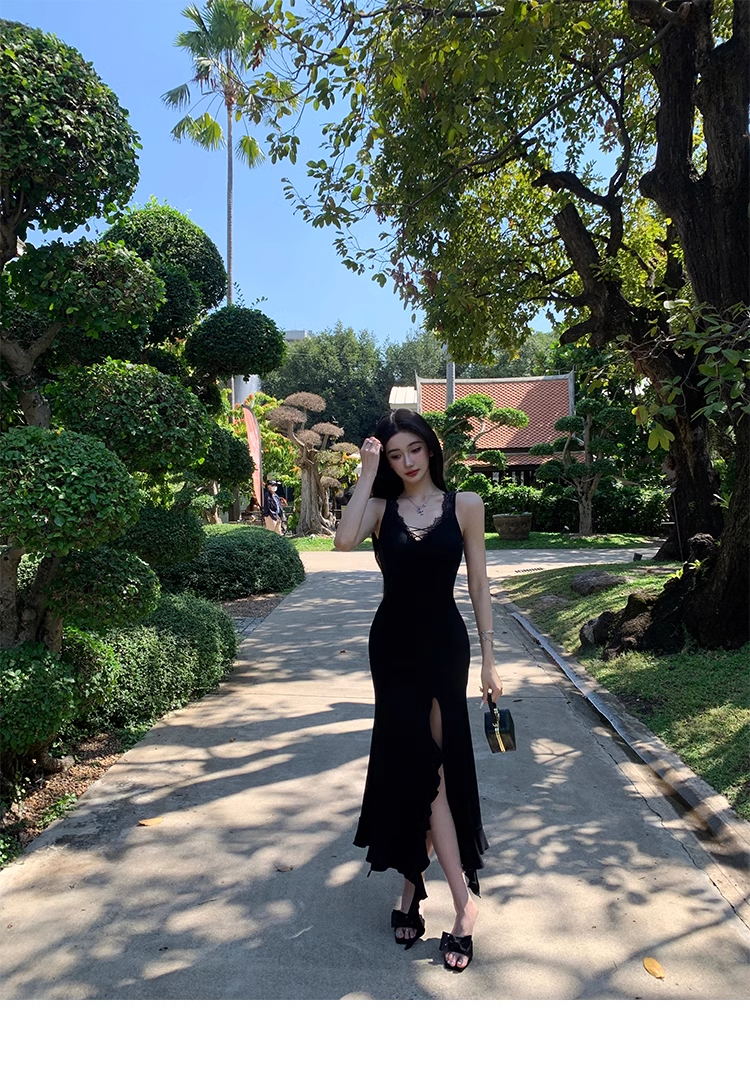 Black Lace Edging Mermaid Slit Evening Dress Sexy Party Prom Dress YM1986