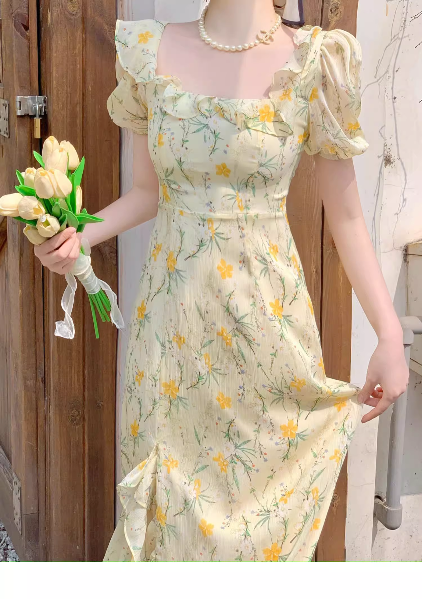Beach vacation yellow floral puff sleeve dress for women summer YM1132