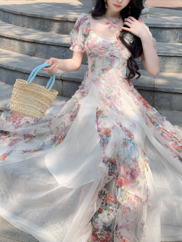 Pink Romantic Retro Heavy-Duty Three-Dimensional Flower Tulle Stitching Holiday Dress Long Birthday Dress YM2361