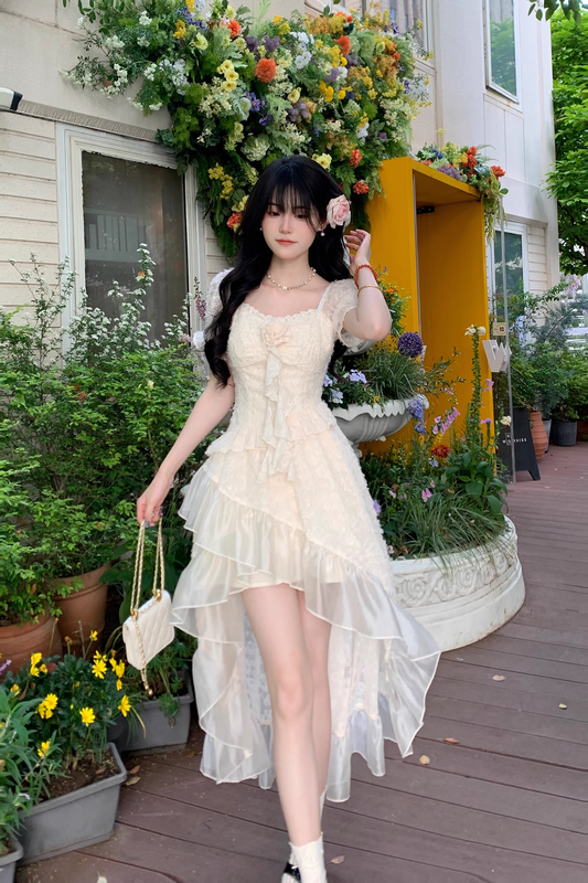 Classy Apricot Tulle Flower Ruffles Long Prom Dress Party Dress YM2051