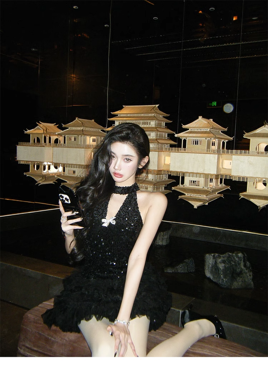 Halter V Neck Black Sequins Backless Party Dress Sexy Birthday Outfits YM1981