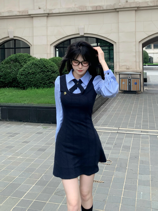 College Style Striped Shirt Fake Short Two Piece Dress Women's New YM2035