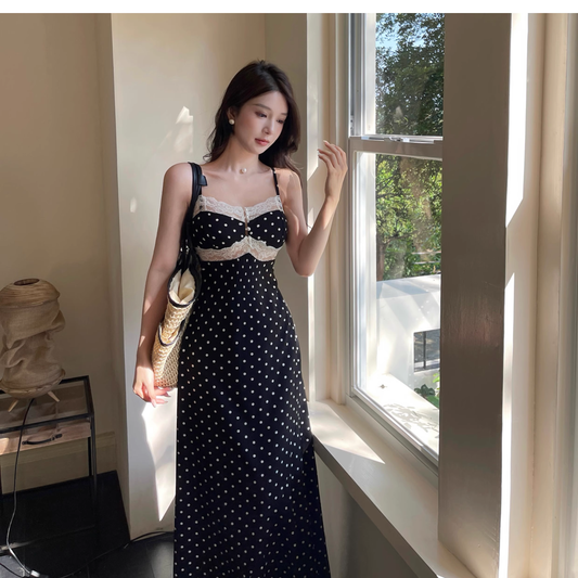 Cute Spaghetti Strap Lace Polka Dot Long Holiday Dress Vacation Dress YM2215