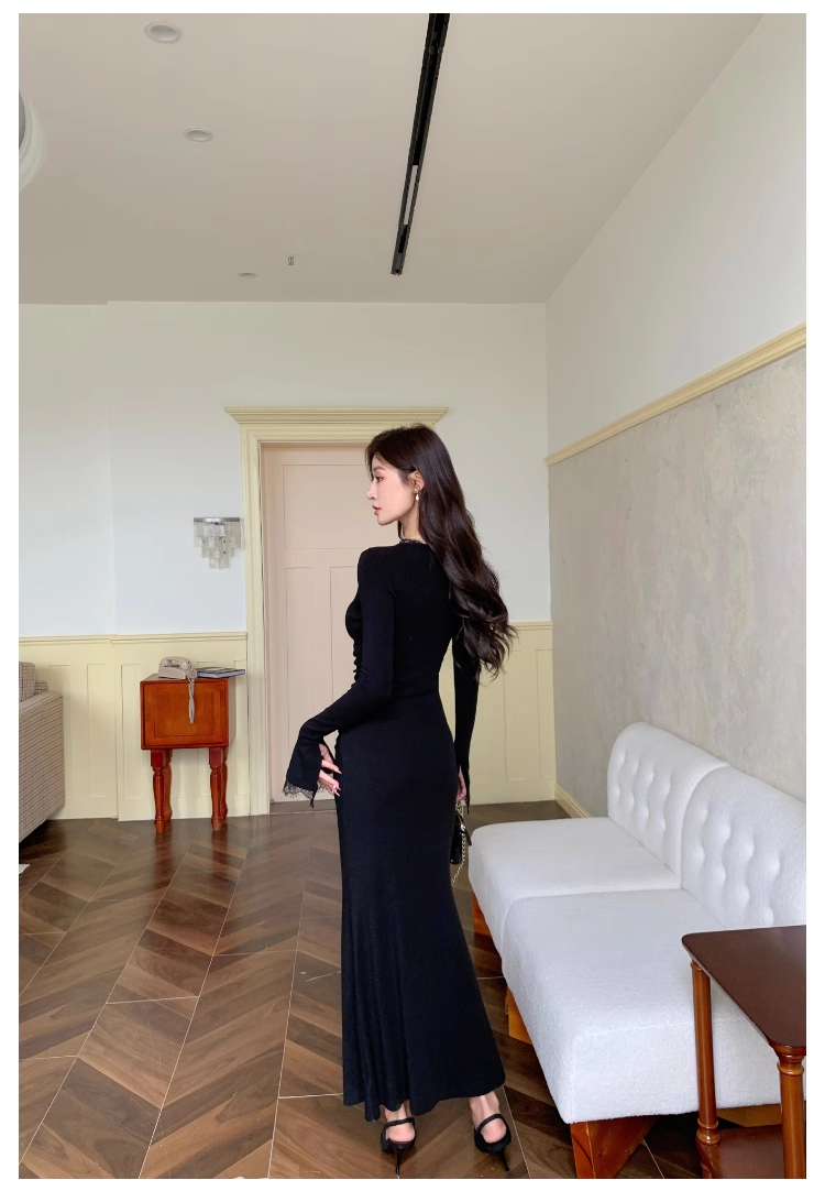 Sexy black Lace neck sheath long party prom dress YM1970