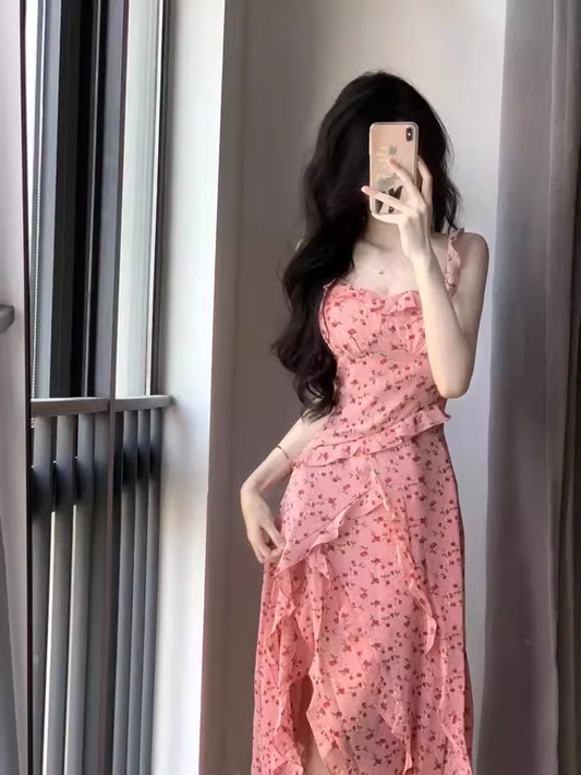 Beautiful Pink Floral Ruffles Long Holiday Dress Straps Vacation Dress YM2329
