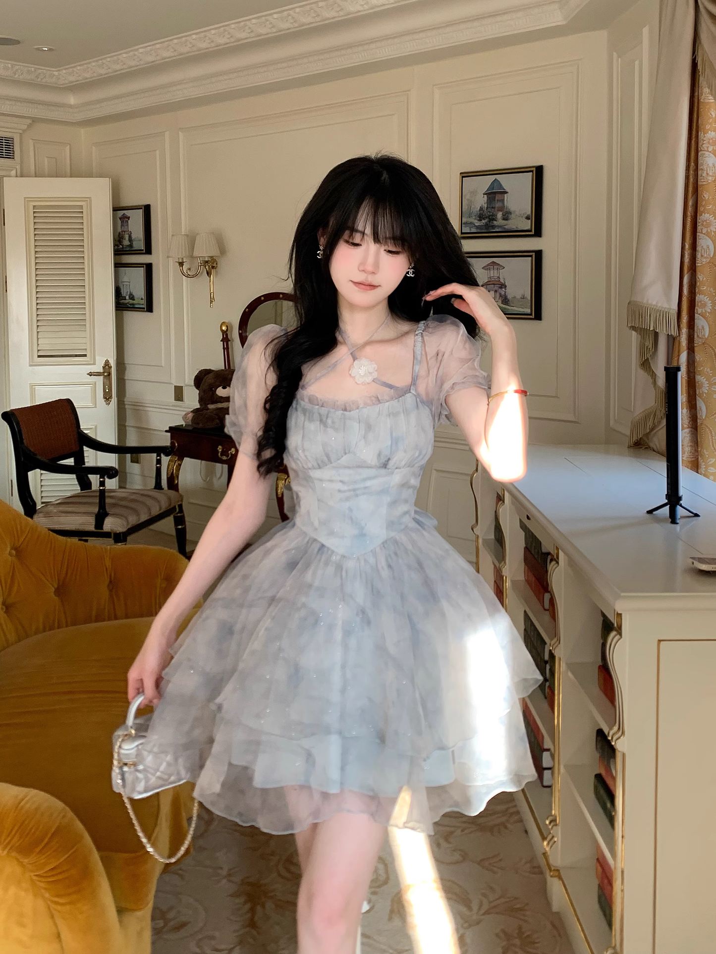 Sweet Green Princess Organza Splicing Tie Waist Printed Puffy Prom Dress Birthday Party Dress YM2047