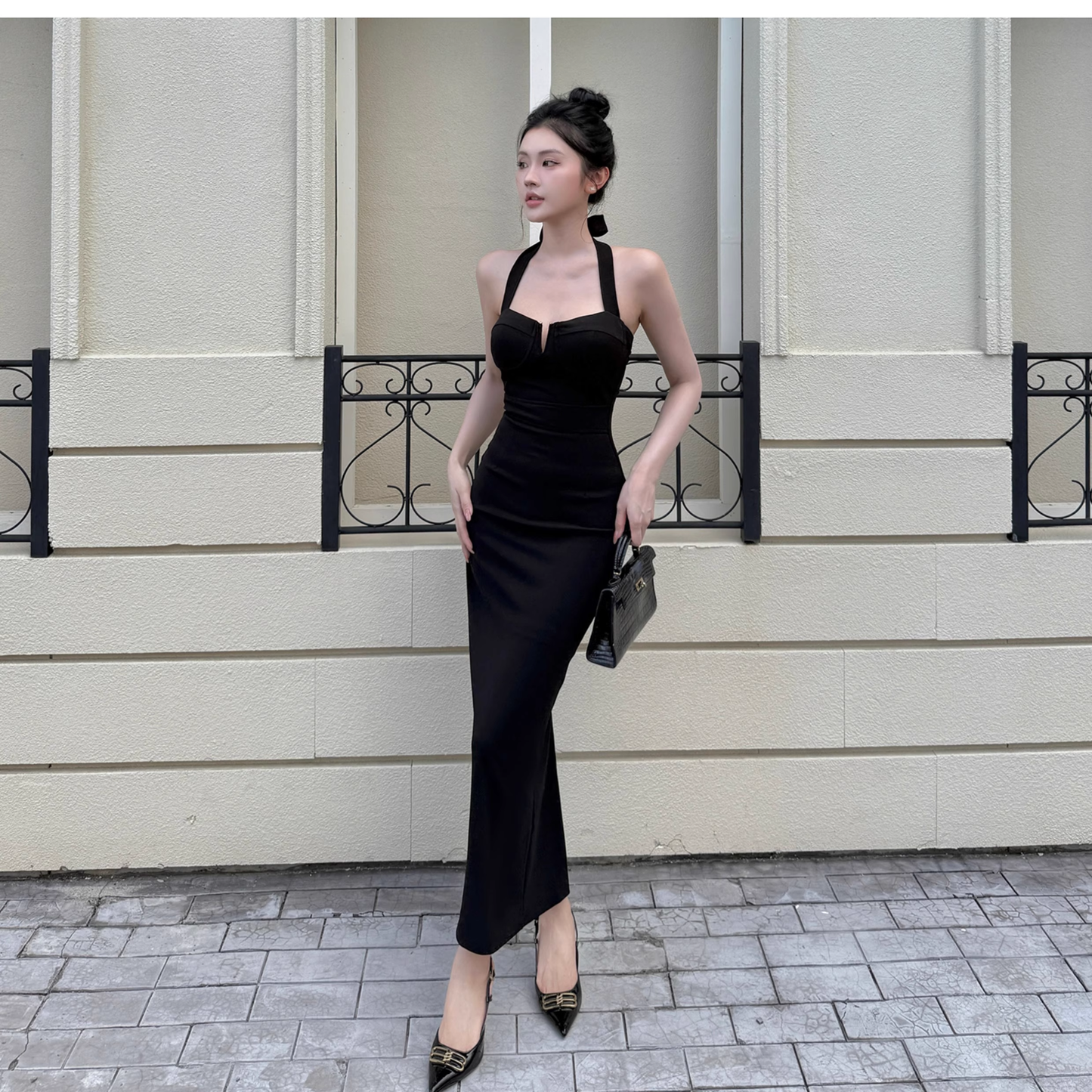 Black Halter Neck Holiday Dress New French Sheath Long Vacation Dress YM2270