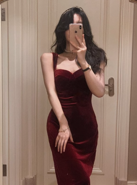 Vintage burgundy velvet suspender dress birthday dress YM1963