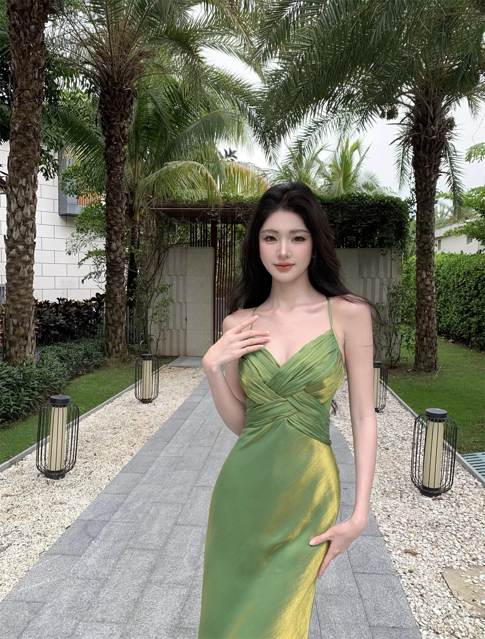 women's summer green suspender dress YM1235