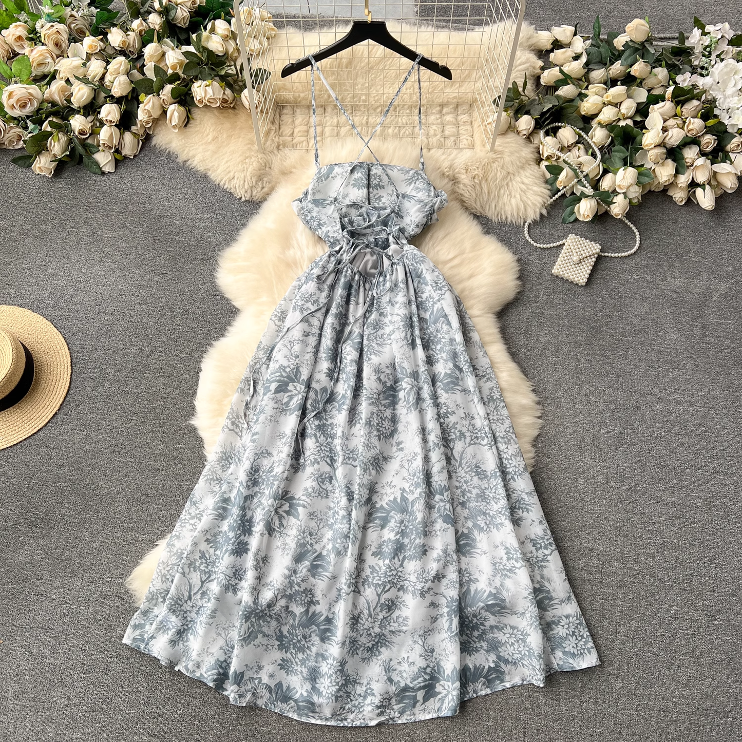 Sexy suspender skirt retro print vacation dress YM1183