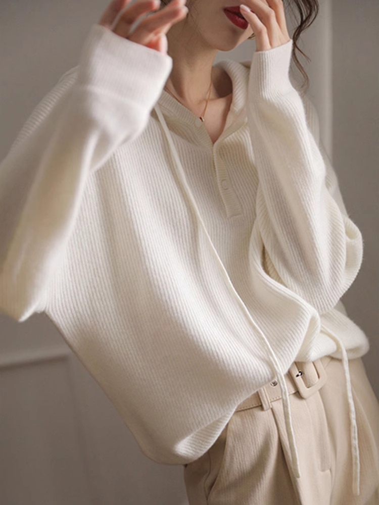 Hooded Knitwear Women Autumn New White Thin Sweater YM355