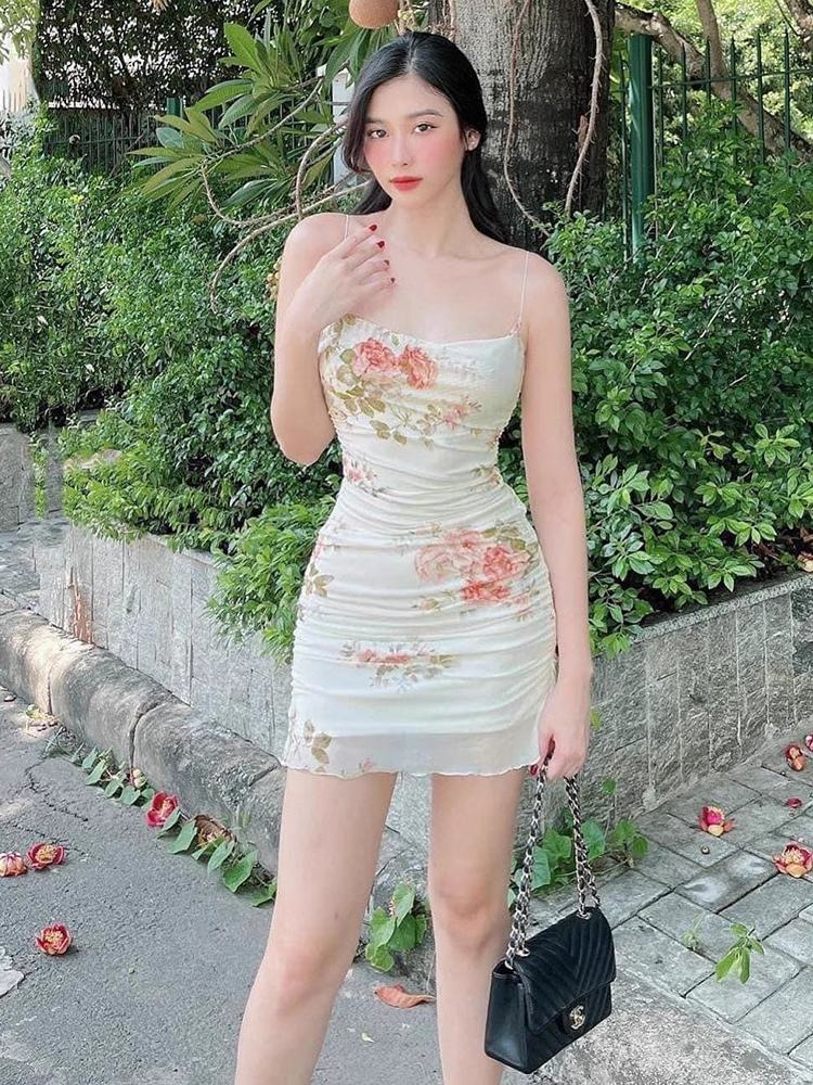 Summer floral mesh suspender dress YM739