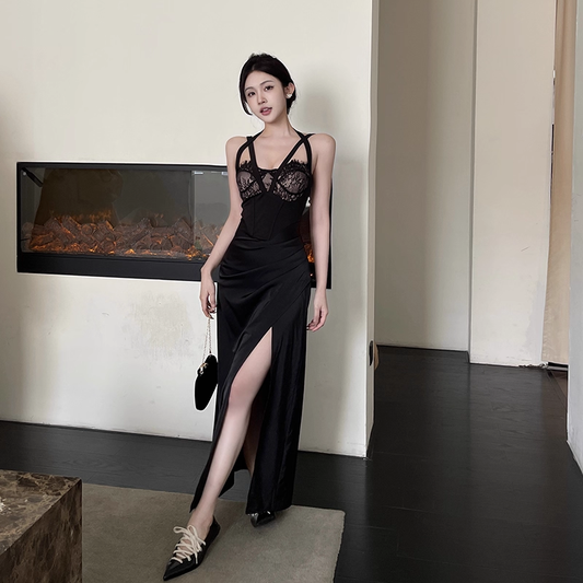 Black Sexy Lace Stitching Suspender Holiday Dress Long Birthday Dress YM2228