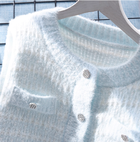 Blue Short Sweater Jacket Autumn And Winter Sweet Knitted Cardigan YM2365