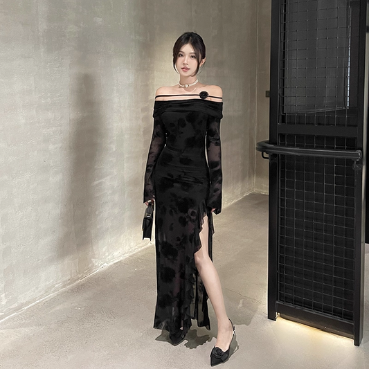 Charming Off The Shoulder Black Side Slit Long Holiday Dress Birthday Dress YM2220