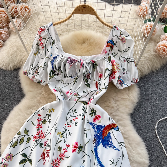 Square neck printed puff sleeve holiday dress YM1218