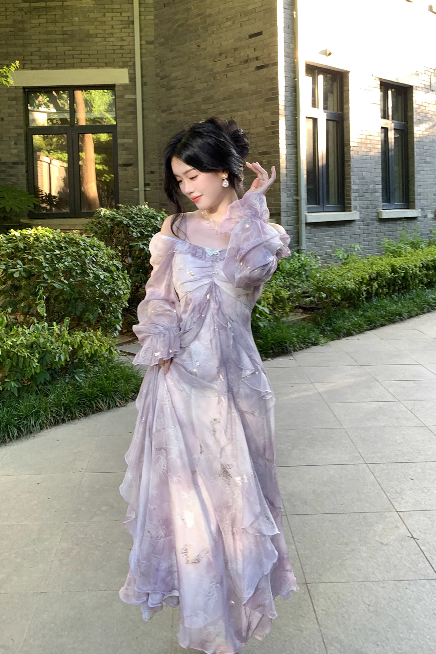 Purple Fairy-Like Ruffle Long-Sleeve Prom Dress Off The Shoulder Party Dress YM2043