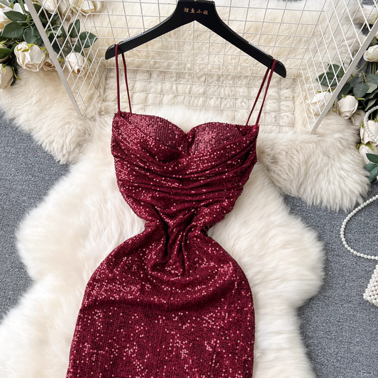 Burgundy Sequins Dress With Split YM1237